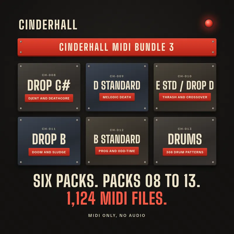 Road Worn style cover for Cinderhall MIDI Bundle 3, Packs 08 to 13, six packs, 1,124 MIDI files, MIDI only, no audio.