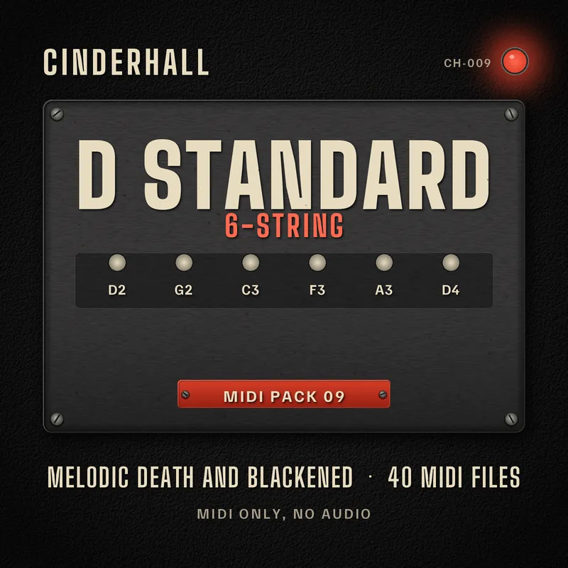 Black Tolex cover with a worn steel plate reading D Standard, 6-string, tuning strip D2 G2 C3 F3 A3 D4, MIDI pack 09, melodic death and blackened, 40 MIDI files, MIDI only, no audio.