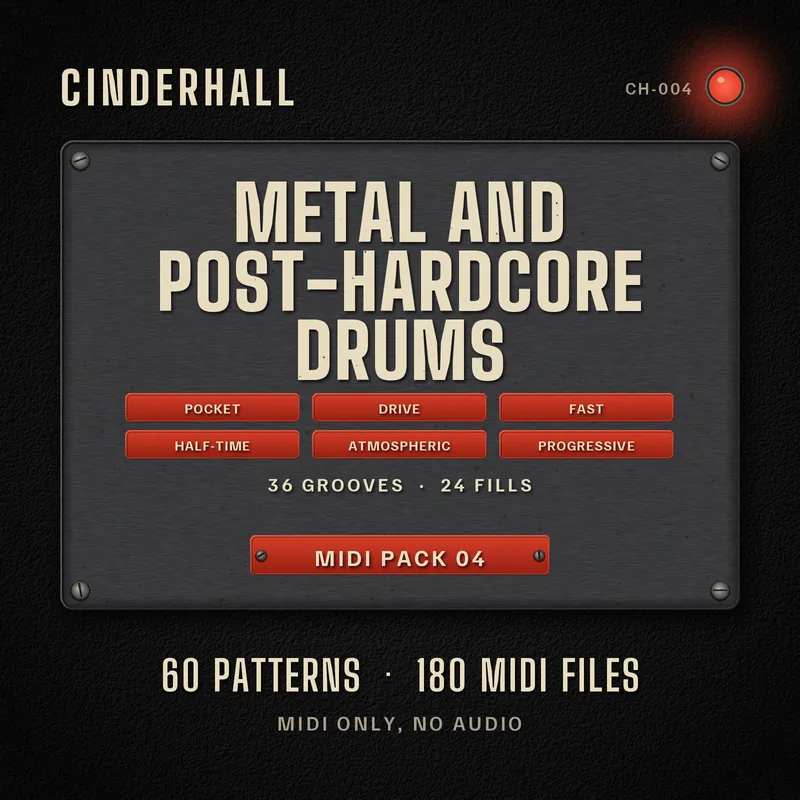 Black Tolex cover with a worn steel plate reading Metal and Post-Hardcore Drums, MIDI pack 04, 36 grooves, 24 fills, 60 patterns, 180 MIDI files, MIDI only, no audio.