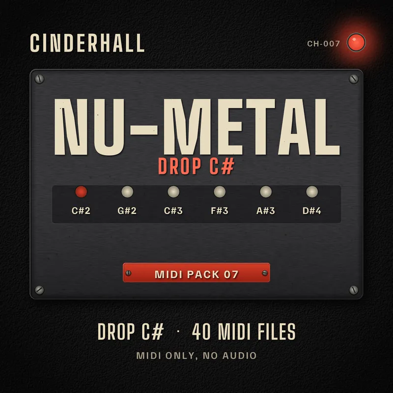 Black Tolex cover with a worn steel plate reading Nu-Metal, Drop C#, tuning strip C#2 G#2 C#3 F#3 A#3 D#4, MIDI pack 07, 40 MIDI files, MIDI only, no audio.
