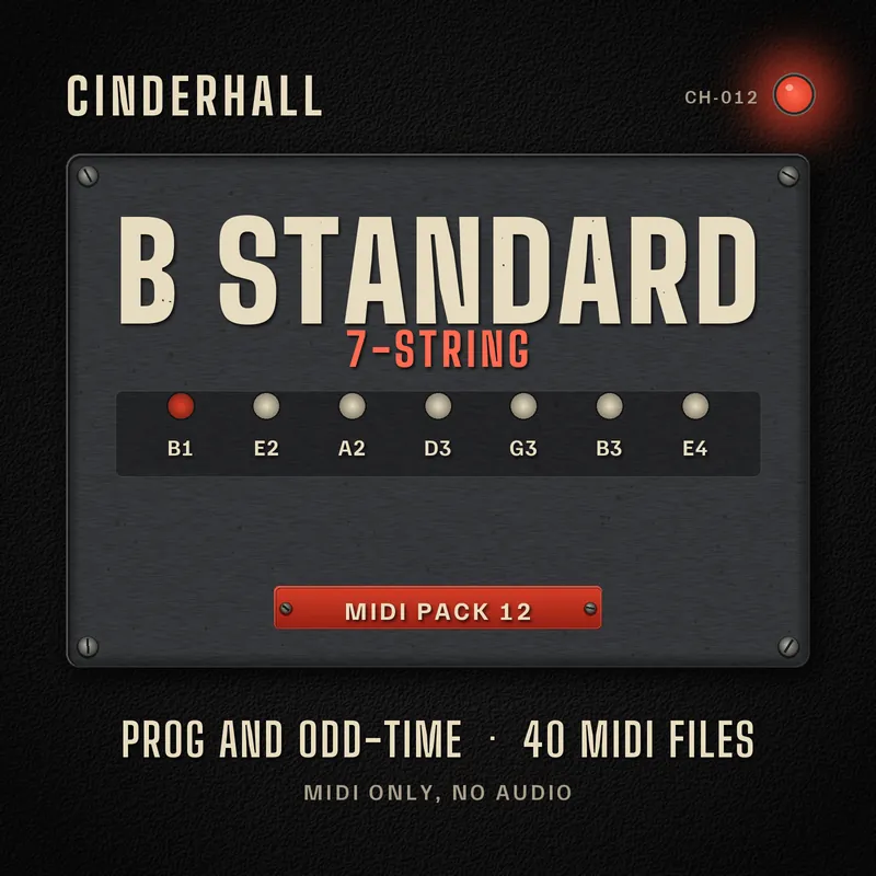 Black Tolex cover with a worn steel plate reading B Standard, 7-string, tuning strip B1 E2 A2 D3 G3 B3 E4 with the low string marked red, MIDI pack 12, prog and odd-time, 40 MIDI files, MIDI only, no audio.