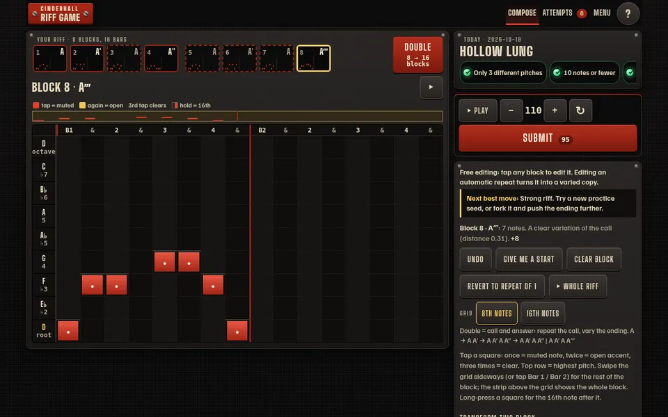 The Riff Game on a 1280 by 800 screen: the note grid with both bars on the left, and the challenge, Play, Submit and editing tools on the right.