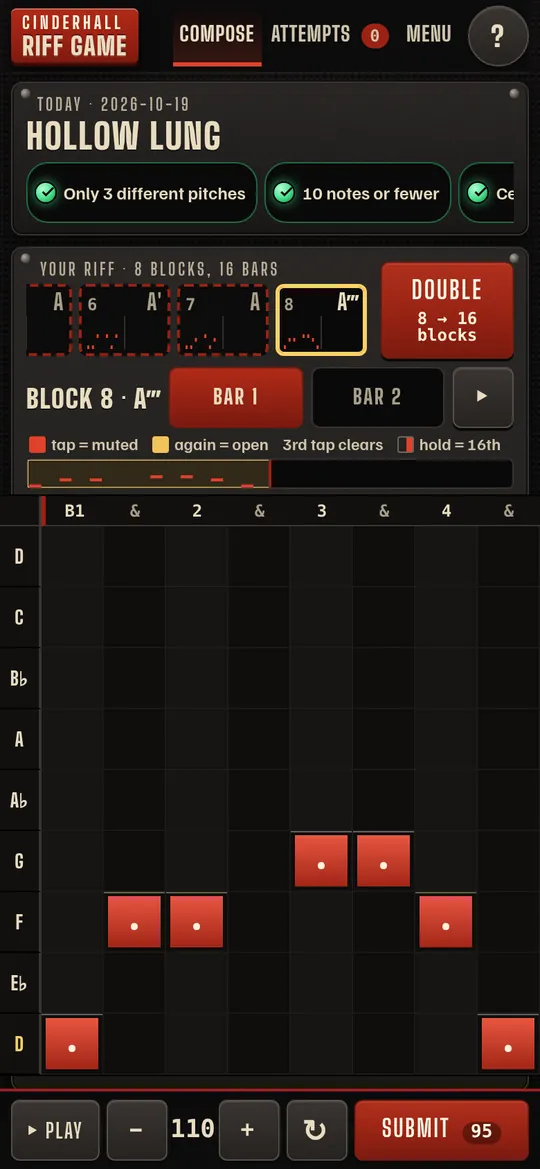 The Riff Game on a 390 by 844 phone screen: a riff of 8 blocks after Double, the note grid for block 8, and the Play and Submit bar.