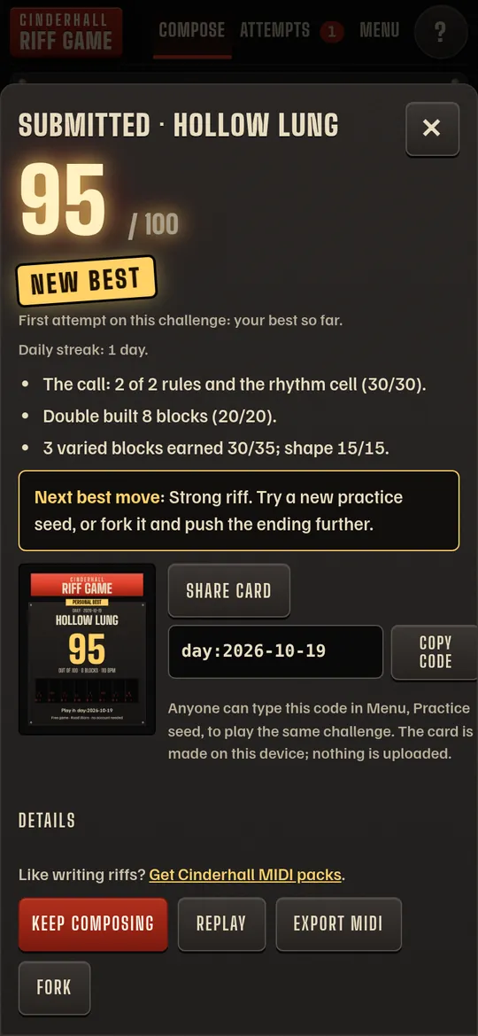 The Riff Game score sheet on a phone: a score of 95 out of 100 marked New best, three reasons, the next best move and a share card.